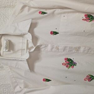 Vintage 90s Erin London button down blouse shirt top white floral large casual